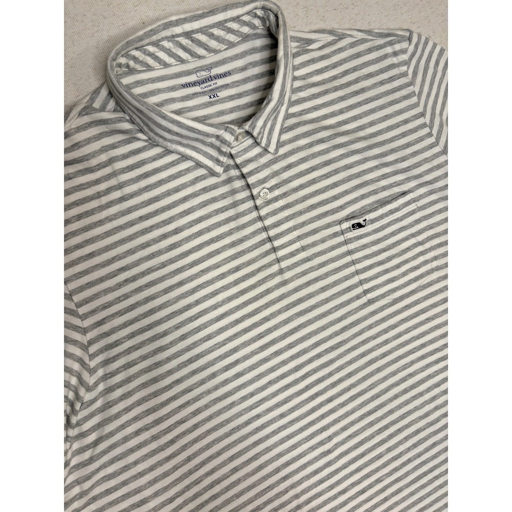 Vineyard Vines Mens XXL Grey White Striped Pima Cotton Classic‎ Fit Polo Shirt